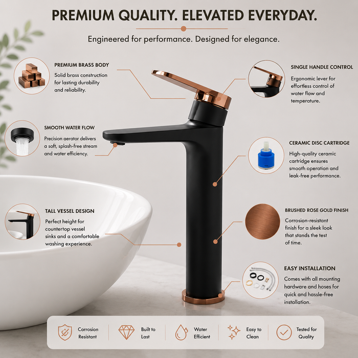 Premium Brass Tall Basin Mixer Tap – Black Rose Gold Finish Tall Size (NCGF 501) – 5 Years Warranty