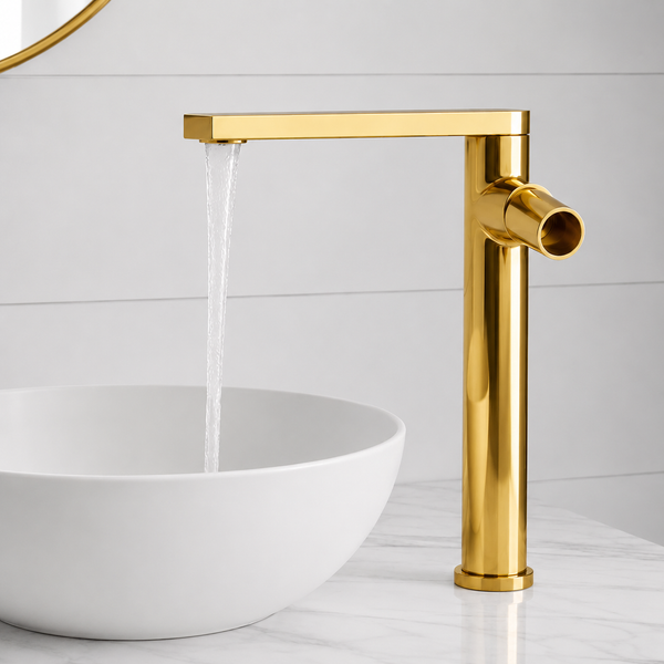 BASSINO Extended body Brass Bathroom Sink Wash Basin Mixer Tap Single Handle Hot & Cold Waterfall Lavatory Sink Faucet for Living Room & Bathrooms (GOLD)