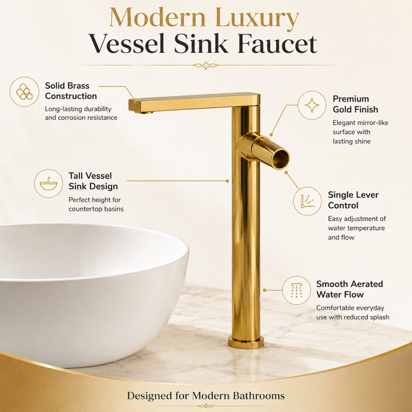 BASSINO Extended body Brass Bathroom Sink Wash Basin Mixer Tap Single Handle Hot & Cold Waterfall Lavatory Sink Faucet for Living Room & Bathrooms (GOLD)
