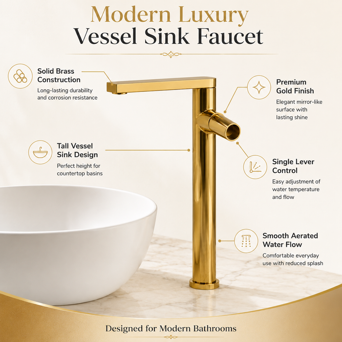 BASSINO Extended body Brass Bathroom Sink Wash Basin Mixer Tap Single Handle Hot & Cold Waterfall Lavatory Sink Faucet for Living Room & Bathrooms (GOLD)