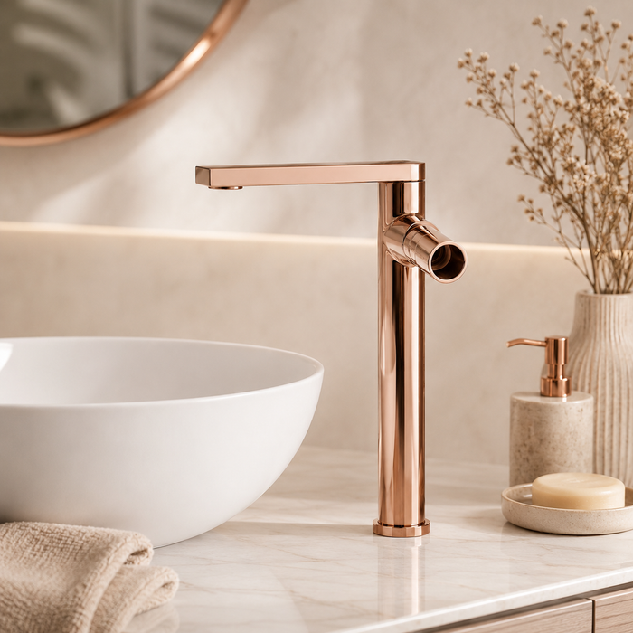 BASSINO Extended Body Brass Bathroom Sink Wash Basin Mixer Tap Single Handle Hot & Cold Waterfall Lavatory Sink Faucet for Living Room & Bathrooms (Rose-Gold)