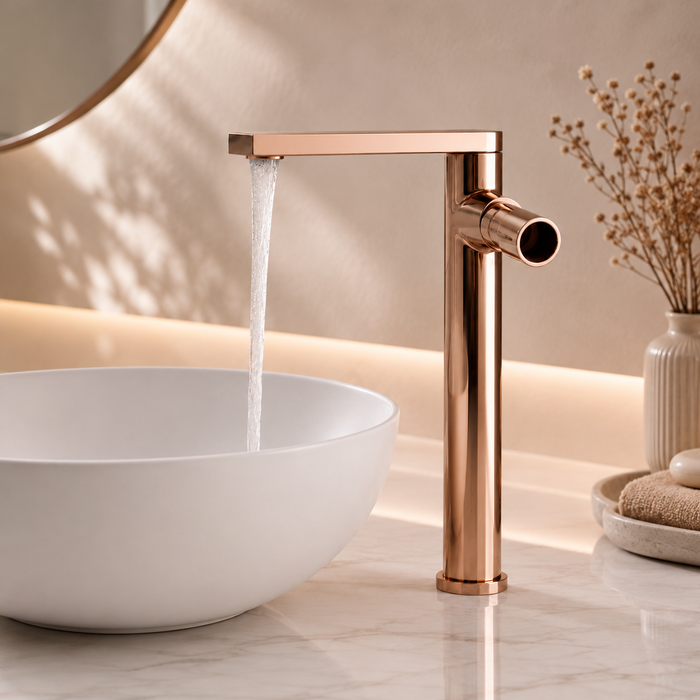 BASSINO Extended Body Brass Bathroom Sink Wash Basin Mixer Tap Single Handle Hot & Cold Waterfall Lavatory Sink Faucet for Living Room & Bathrooms (Rose-Gold)