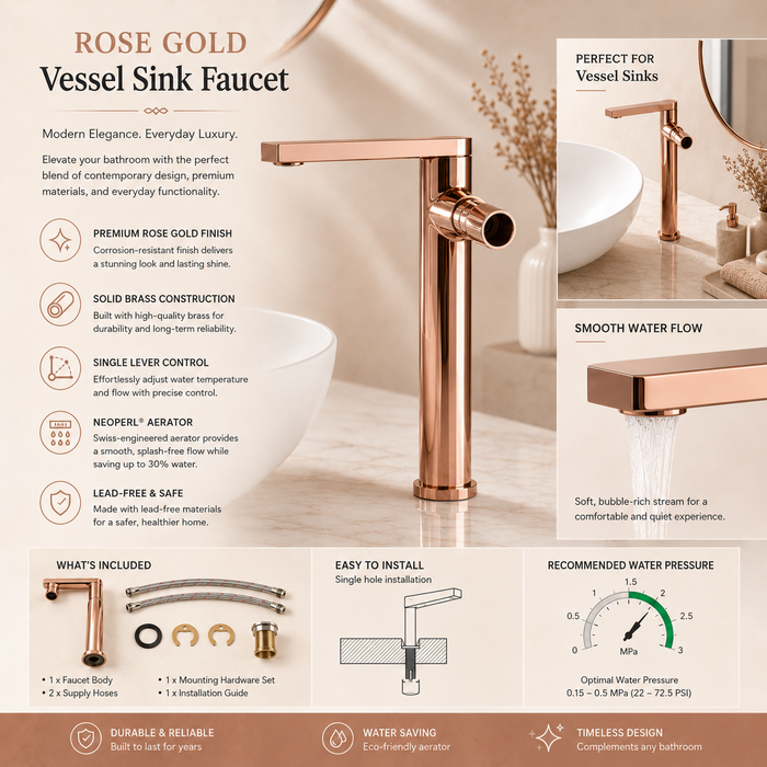 BASSINO Extended Body Brass Bathroom Sink Wash Basin Mixer Tap Single Handle Hot & Cold Waterfall Lavatory Sink Faucet for Living Room & Bathrooms (Rose-Gold)