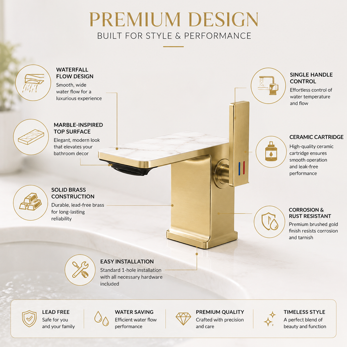 BASSINO Luxury Short Basin Mixer Tap Designer Faucet- 5 Years Warranty Brushed Gold