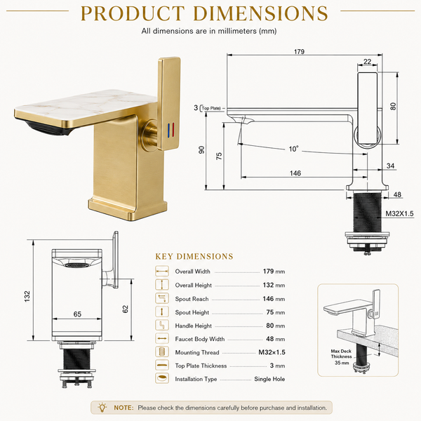 BASSINO Luxury Short Basin Mixer Tap Designer Faucet- 5 Years Warranty Brushed Gold
