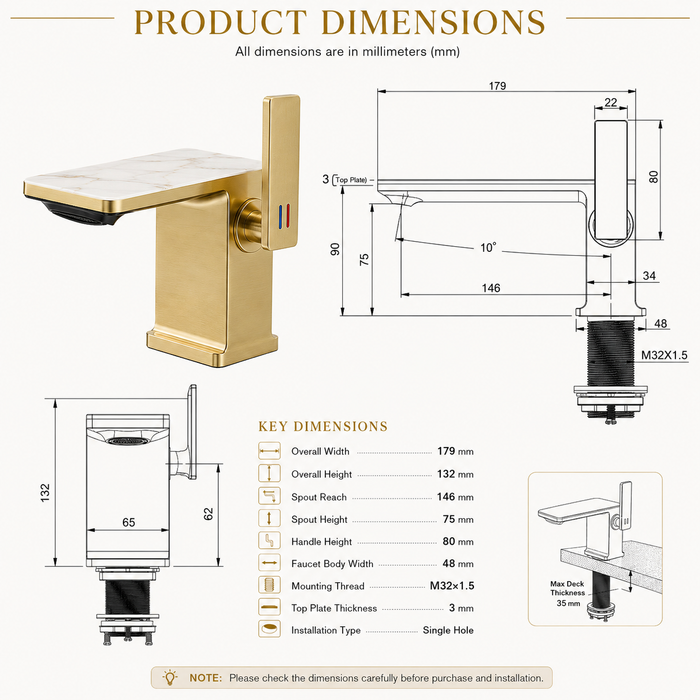 BASSINO Luxury Short Basin Mixer Tap Designer Faucet- 5 Years Warranty Brushed Gold
