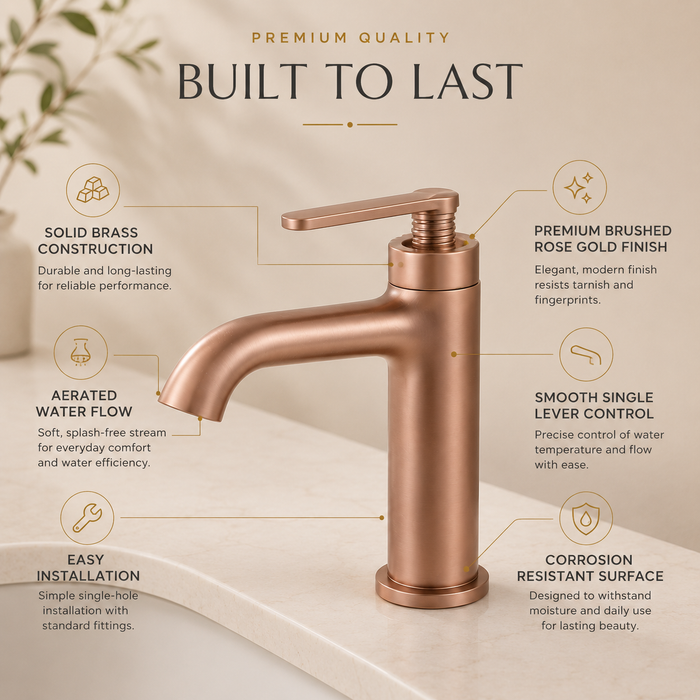 BASSINO Luxury Short Basin Mixer Tap Modern Faucet | 5 Years Warranty Brushed Rose Gold