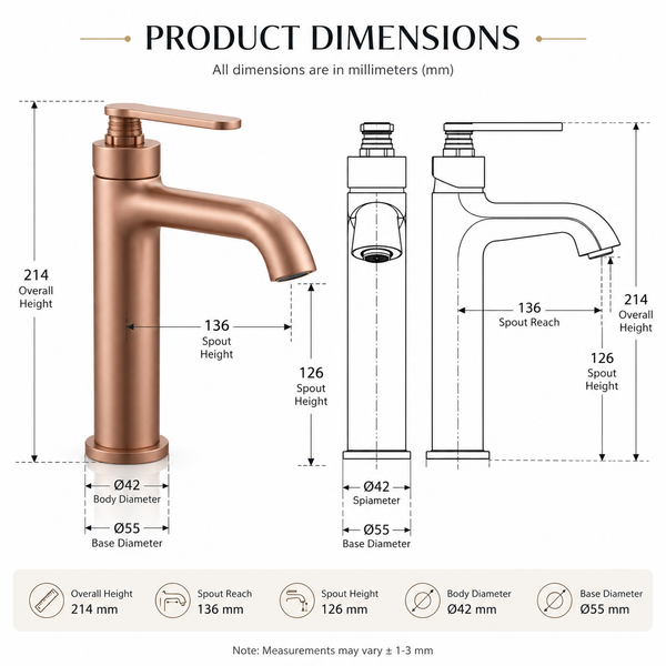 BASSINO Luxury Short Basin Mixer Tap Modern Faucet | 5 Years Warranty Brushed Rose Gold