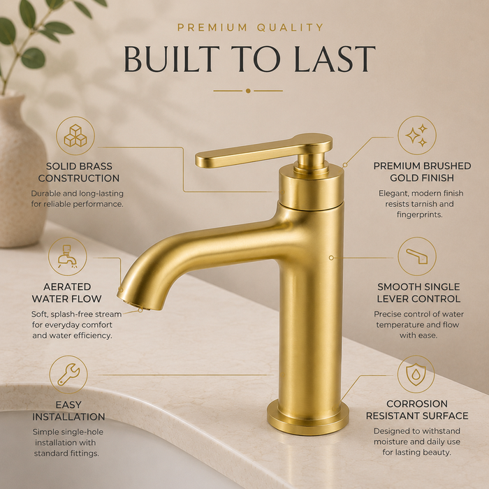 BASSINO Luxury Short Basin Mixer Tap Modern Faucet | 5 Years Warranty Brushed Gold