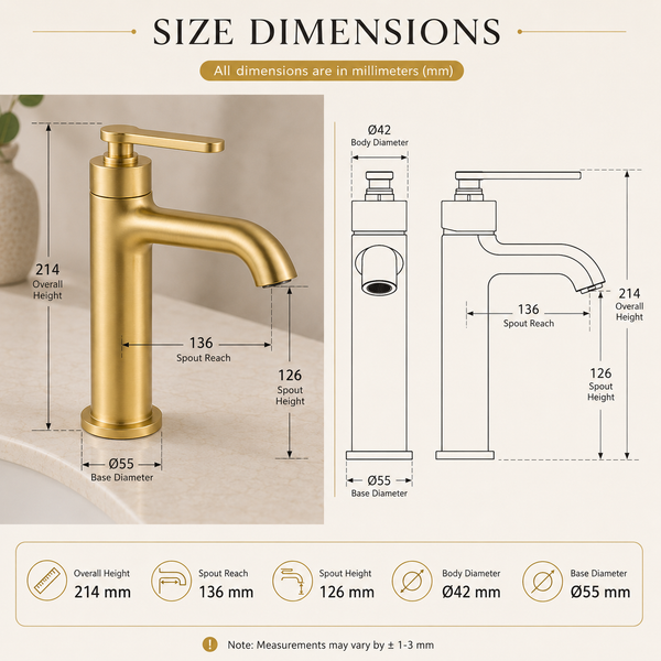 BASSINO Luxury Short Basin Mixer Tap Modern Faucet | 5 Years Warranty Brushed Gold