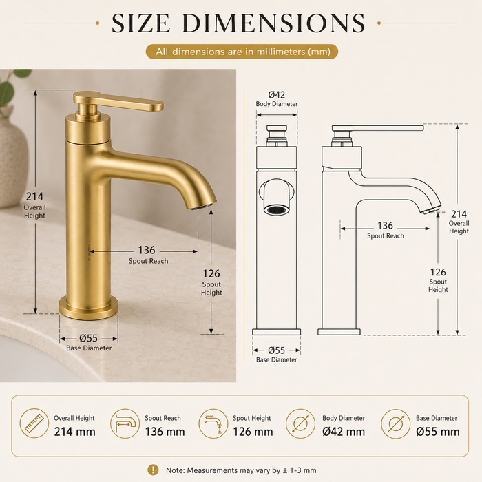 BASSINO Luxury Short Basin Mixer Tap Modern Faucet | 5 Years Warranty Brushed Gold