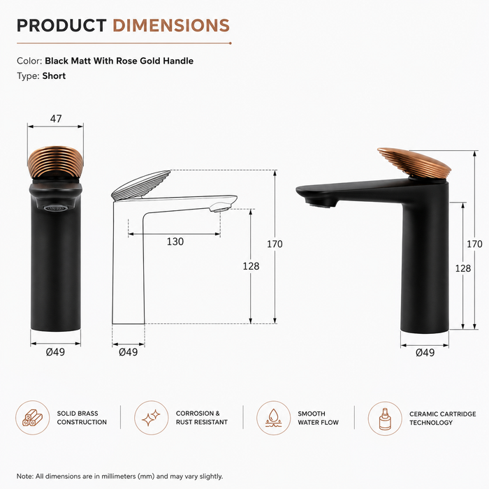 BASSINO Luxury Short Basin Mixer Faucet | Modern Single Lever Bathroom Tap | 5 Years Warranty Black