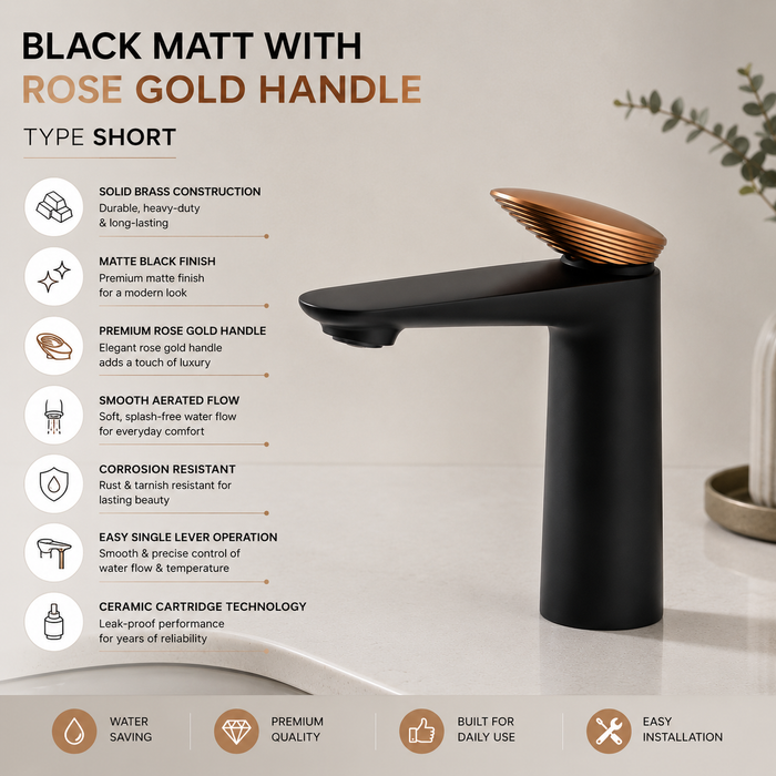 BASSINO Luxury Short Basin Mixer Faucet | Modern Single Lever Bathroom Tap | 5 Years Warranty Black