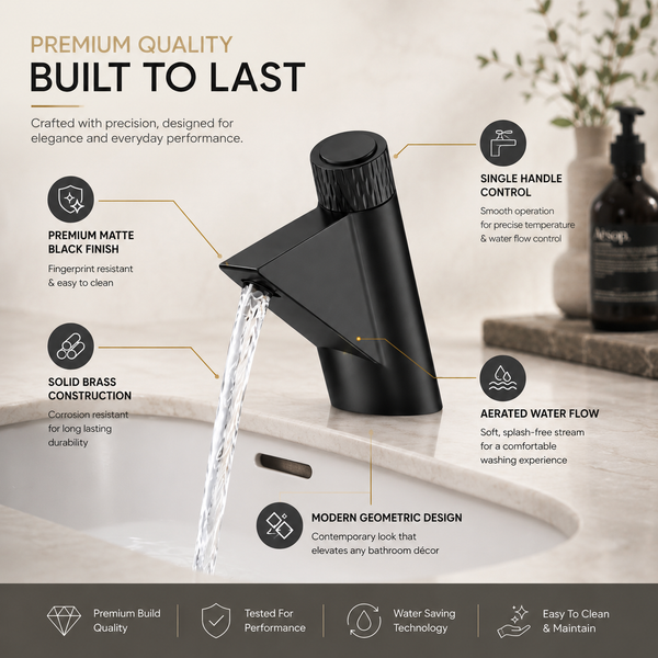 BASSINO FEMA Short Body Artistic Triangle Design Basin Faucet | 3 Years Warranty Black