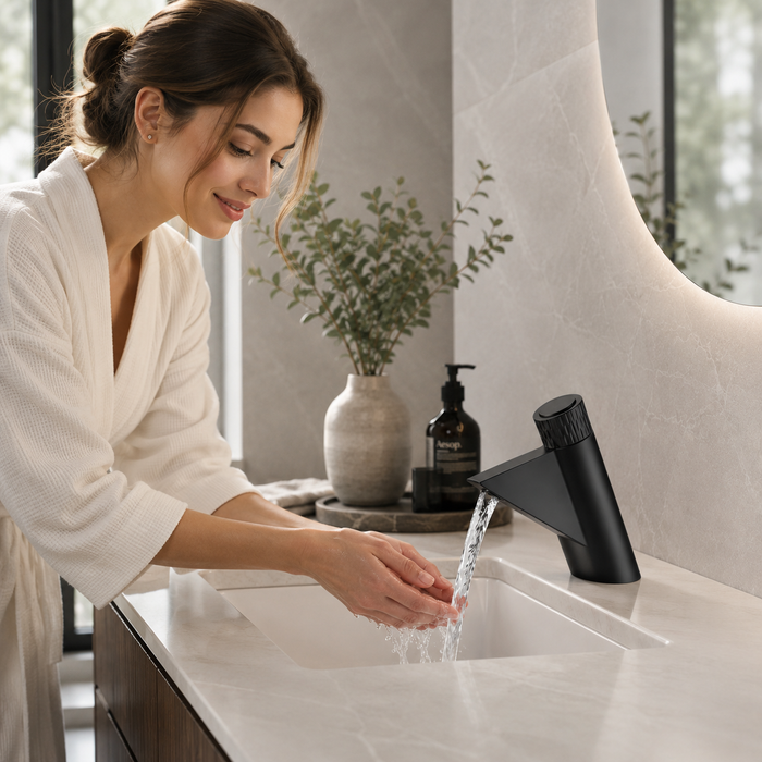 BASSINO FEMA Short Body Artistic Triangle Design Basin Faucet | 3 Years Warranty Black