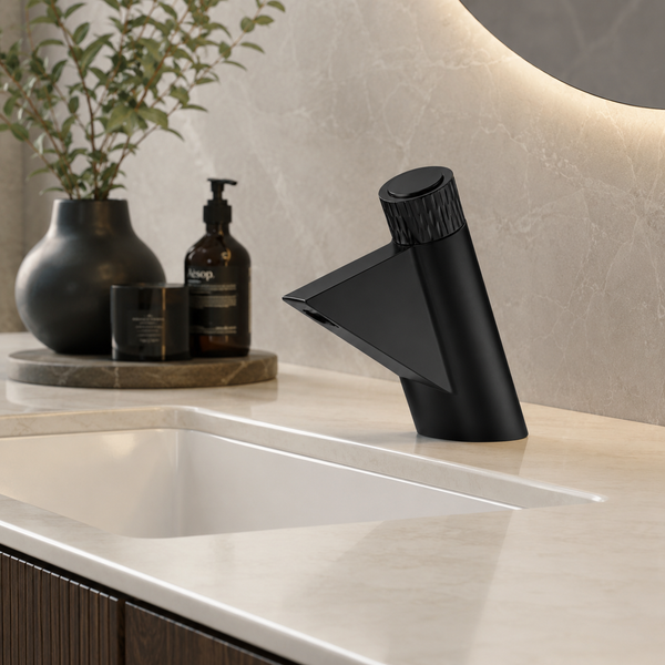 BASSINO FEMA Short Body Artistic Triangle Design Basin Faucet | 3 Years Warranty Black
