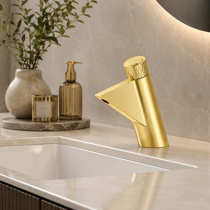 BASSINO FEMA Short Body Artistic Triangle Design Basin Faucet | 3 Years Warranty Gold