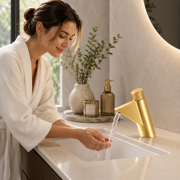 BASSINO FEMA Short Body Artistic Triangle Design Basin Faucet | 3 Years Warranty Gold