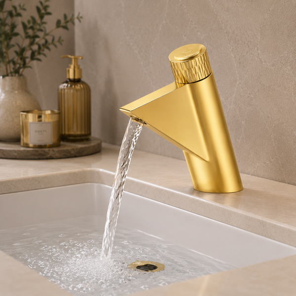 BASSINO FEMA Short Body Artistic Triangle Design Basin Faucet | 3 Years Warranty Gold