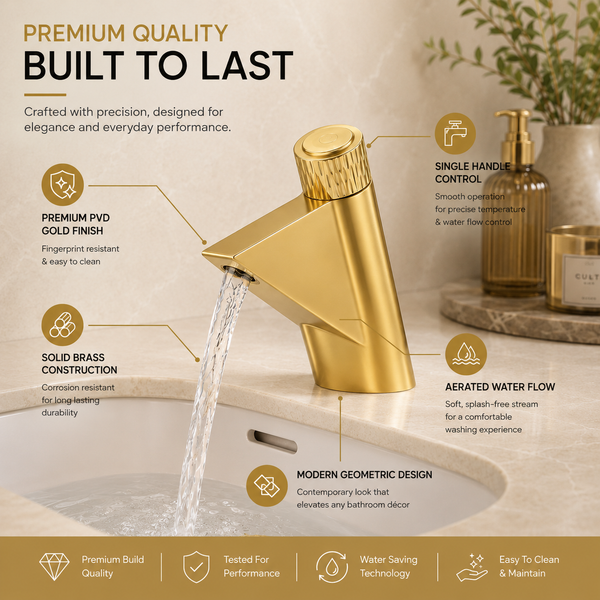 BASSINO FEMA Short Body Artistic Triangle Design Basin Faucet | 3 Years Warranty Gold