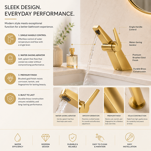 BASSINO CROZ Short Body Basin Modern Faucet Mixer | 3 Years Warranty Gold