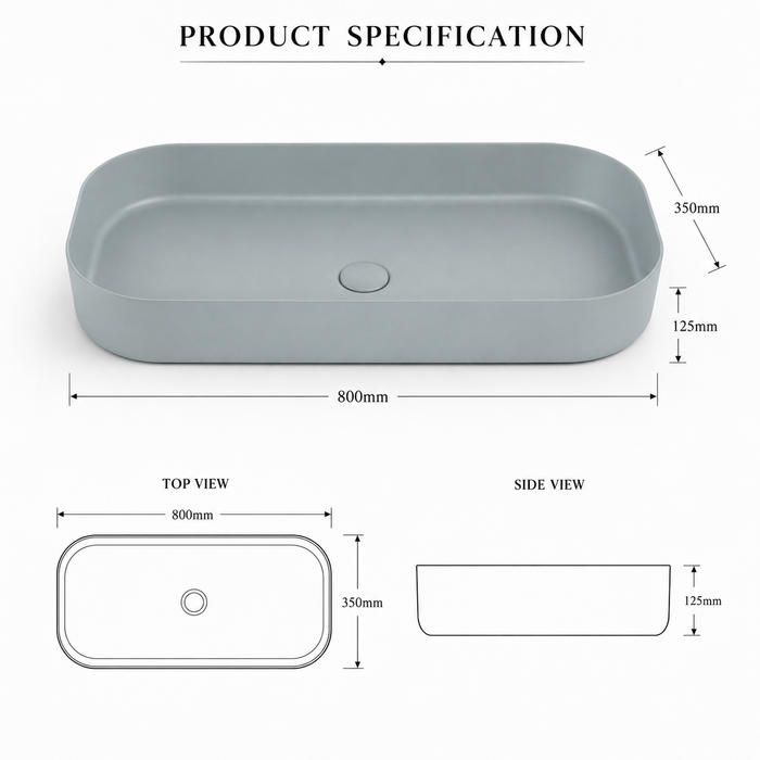 Bassino Modern Melamine Wash Basin | Stylish Countertop Wash Basin for Bathroom–800x350x125 mm Grey