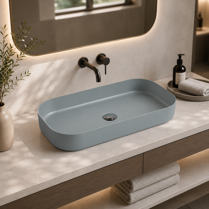 Bassino Modern Melamine Wash Basin | Stylish Countertop Wash Basin for Bathroom–800x350x125 mm Grey