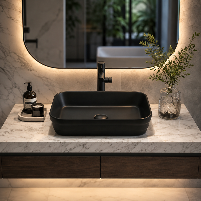 Rectangular Countertop Wash Basin | 20 × 14 × 5 Inches Designer Bathroom Sink – Matte Finish Black
