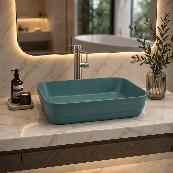 Rectangular Countertop Wash Basin | 20 × 14 × 5 Inches Designer Bathroom Sink – Glossy & Matte Finish Aqua Blue