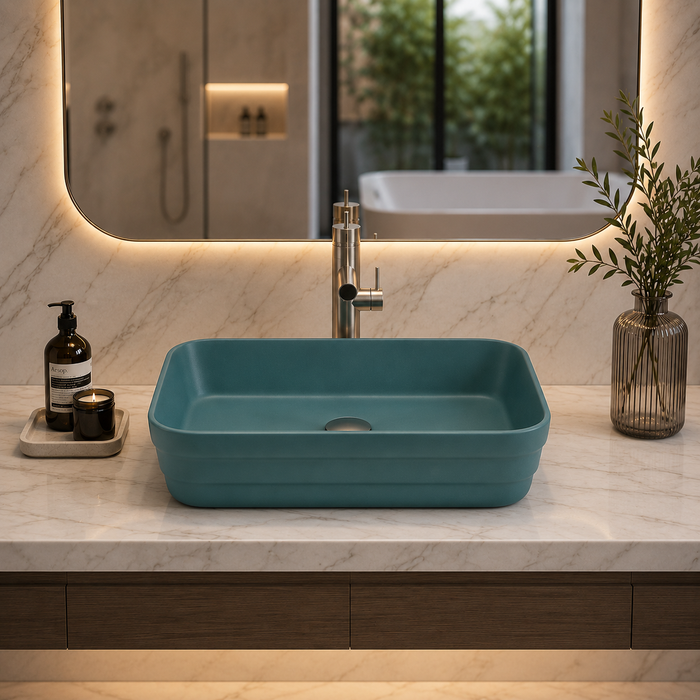 Rectangular Countertop Wash Basin | 20 × 14 × 5 Inches Designer Bathroom Sink – Glossy & Matte Finish Aqua Blue
