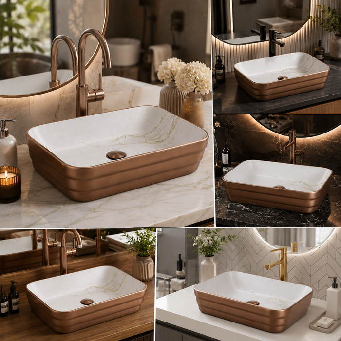 Double Color Matt Marble Bathroom Sink Rectangular Countertop Wash Basin (20" × 14" × 5"IN) Rose gold