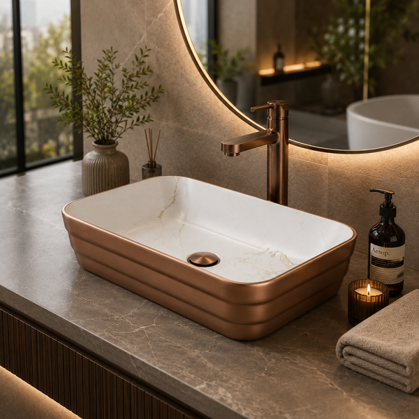 Double Color Matt Marble Bathroom Sink Rectangular Countertop Wash Basin (20" × 14" × 5"IN) Rose gold