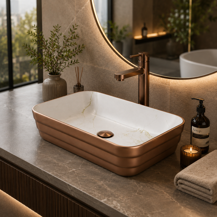 Double Color Matt Marble Bathroom Sink Rectangular Countertop Wash Basin (20" × 14" × 5"IN) Rose gold