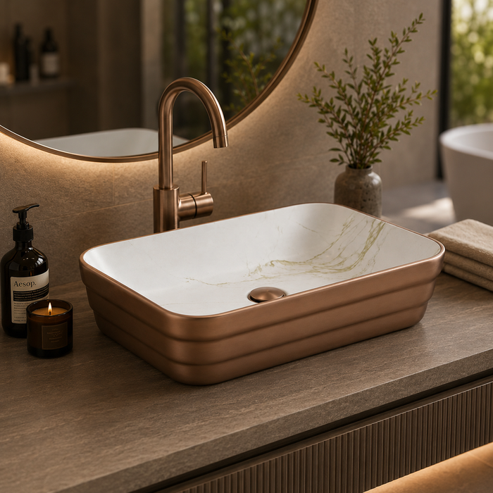 Double Color Matt Marble Bathroom Sink Rectangular Countertop Wash Basin (20" × 14" × 5"IN) Rose gold