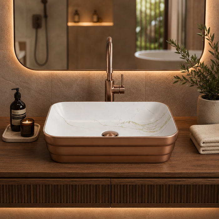 Double Color Matt Marble Bathroom Sink Rectangular Countertop Wash Basin (20" × 14" × 5"IN) Rose gold