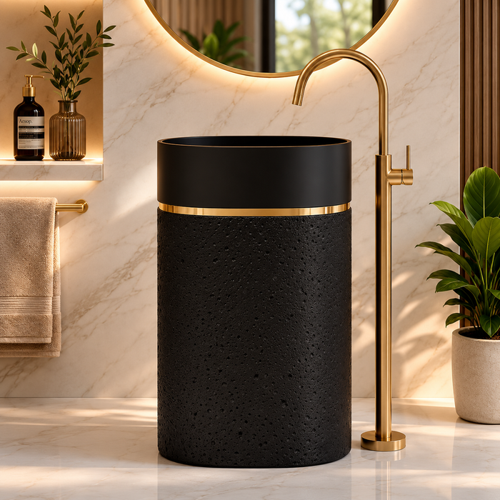 Luxury Artificial Pedestal Basin with Gold Accent | Designer Freestanding Wash Basin | 21 × 15 × 36 In Black