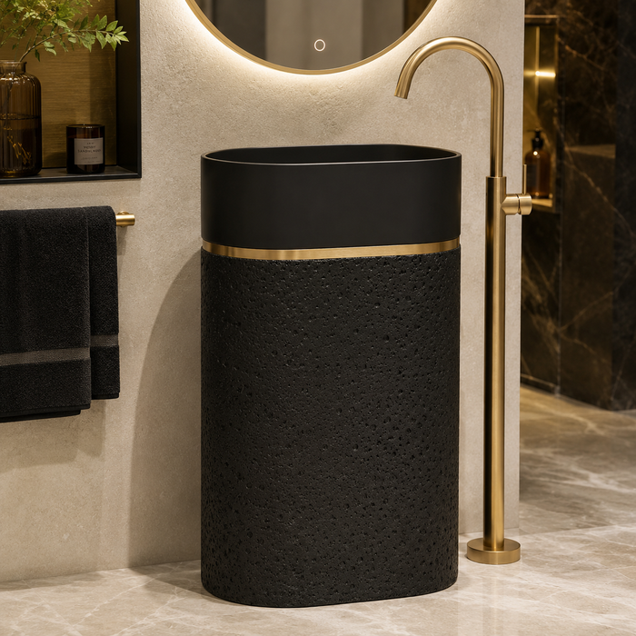 Luxury Artificial Pedestal Basin with Gold Accent | Designer Freestanding Wash Basin | 21 × 15 × 36 In Black