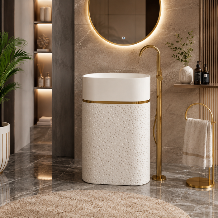 Luxury Artificial Pedestal Basin with Gold Accent | Designer Freestanding Wash Basin | 21 × 15 × 36 In White