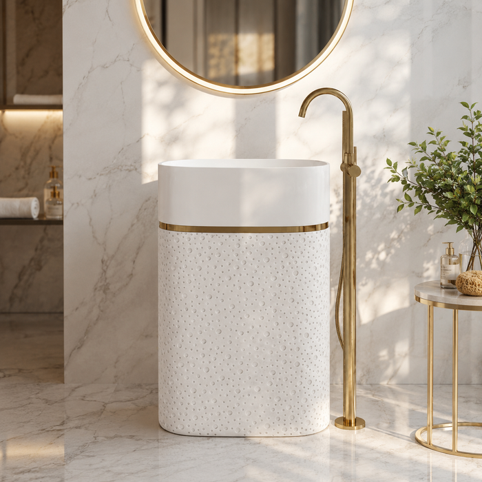 Luxury Artificial Pedestal Basin with Gold Accent | Designer Freestanding Wash Basin | 21 × 15 × 36 In White