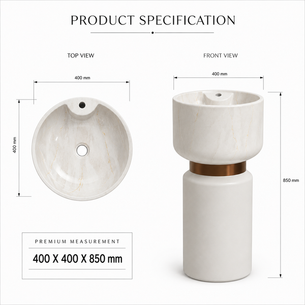 Artificial Stone Pedestal Basin – Designer Floor Mounted Wash Basin with Tap Hole | 16x16x34 Inch White