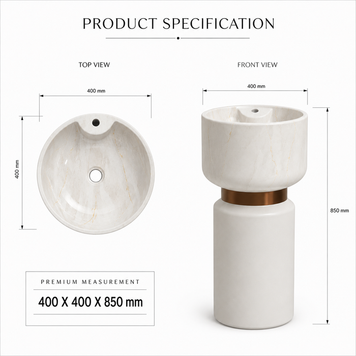 Artificial Stone Pedestal Basin – Designer Floor Mounted Wash Basin with Tap Hole | 16x16x34 Inch White