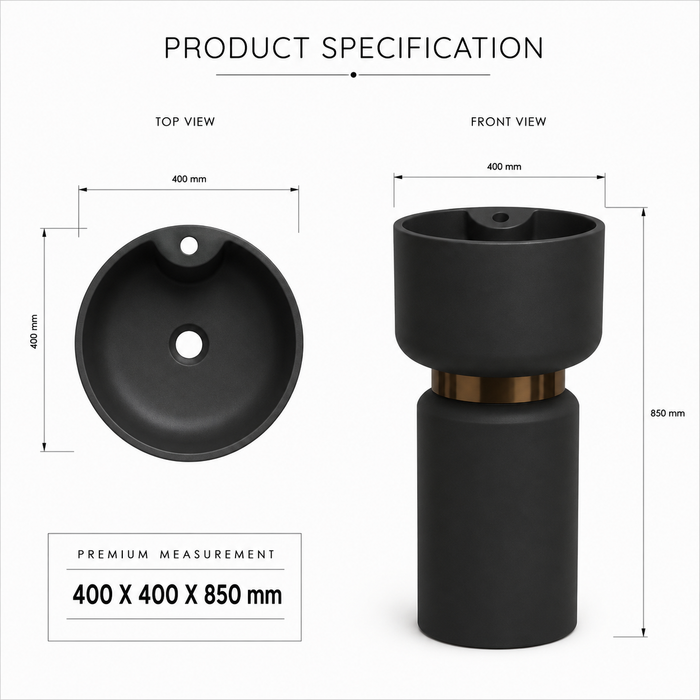 Artificial Stone Pedestal Basin – Designer Floor Mounted Wash Basin with Tap Hole | 16x16x34 Inch Black