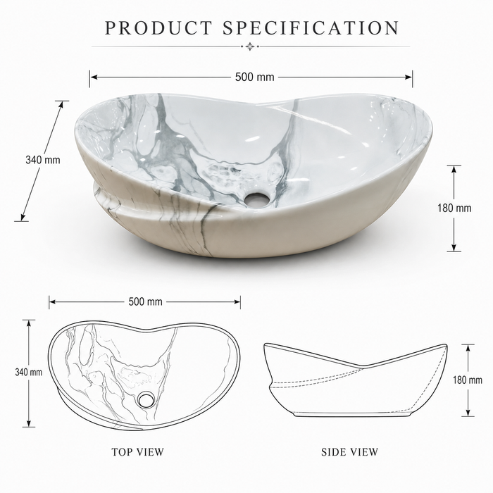 Bassino White Grey Marble Ceramic Countertop Wash Basin – Luxury Oval Table Top Basin, Glossy Finish Vessel Sink (20" x 14" x 7")