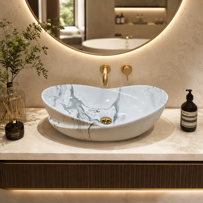 Bassino White Grey Marble Ceramic Countertop Wash Basin – Luxury Oval Table Top Basin, Glossy Finish Vessel Sink (20" x 14" x 7")