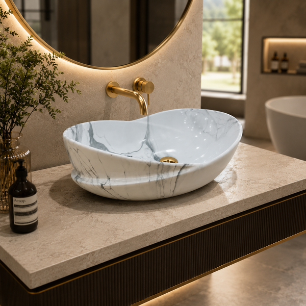 Bassino White Grey Marble Ceramic Countertop Wash Basin – Luxury Oval Table Top Basin, Glossy Finish Vessel Sink (20" x 14" x 7")