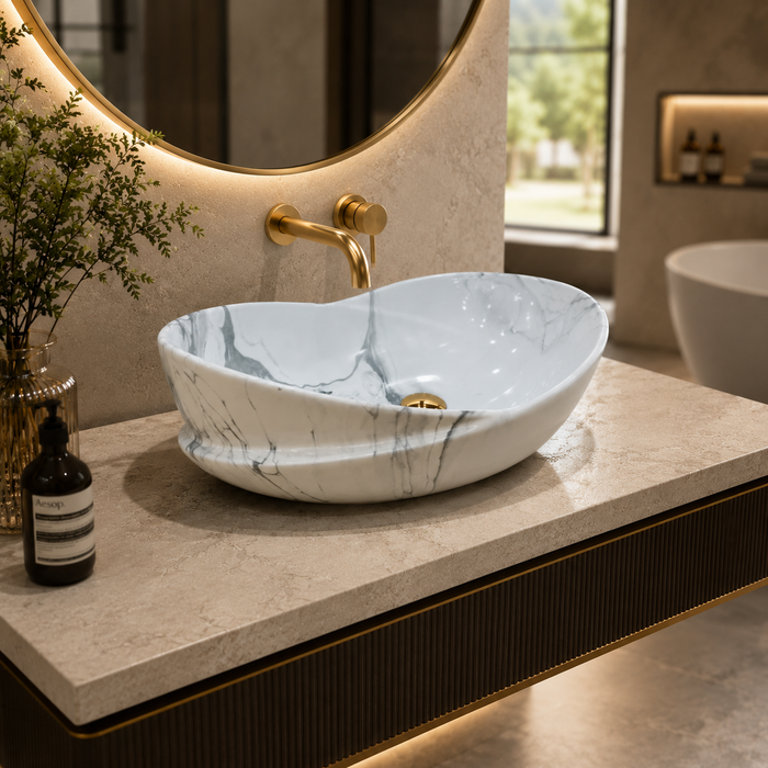 Bassino White Grey Marble Ceramic Countertop Wash Basin – Luxury Oval Table Top Basin, Glossy Finish Vessel Sink (20" x 14" x 7")