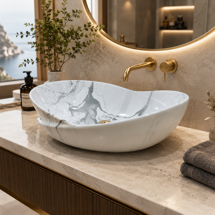 Bassino White Grey Marble Ceramic Countertop Wash Basin – Luxury Oval Table Top Basin, Glossy Finish Vessel Sink (20" x 14" x 7")