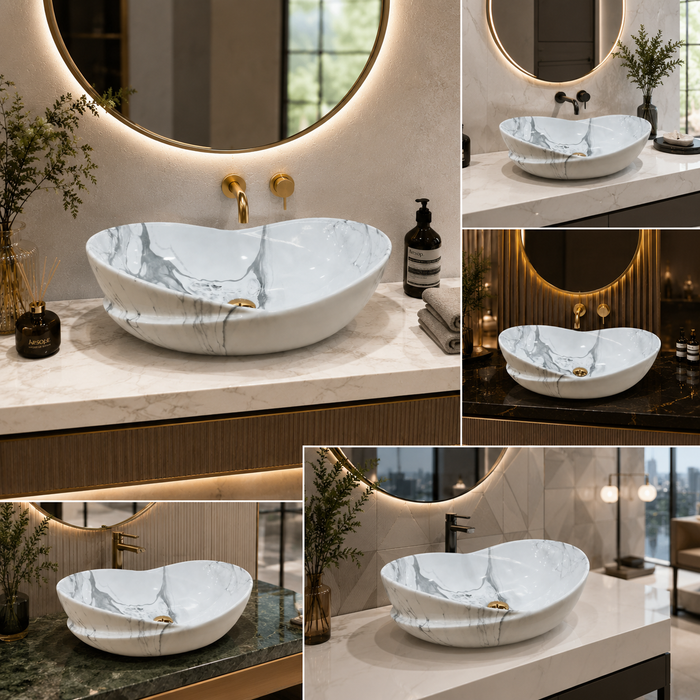 Bassino White Grey Marble Ceramic Countertop Wash Basin – Luxury Oval Table Top Basin, Glossy Finish Vessel Sink (20" x 14" x 7")
