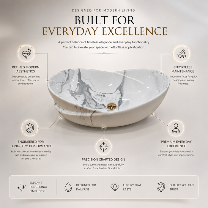 Bassino White Grey Marble Ceramic Countertop Wash Basin – Luxury Oval Table Top Basin, Glossy Finish Vessel Sink (20" x 14" x 7")