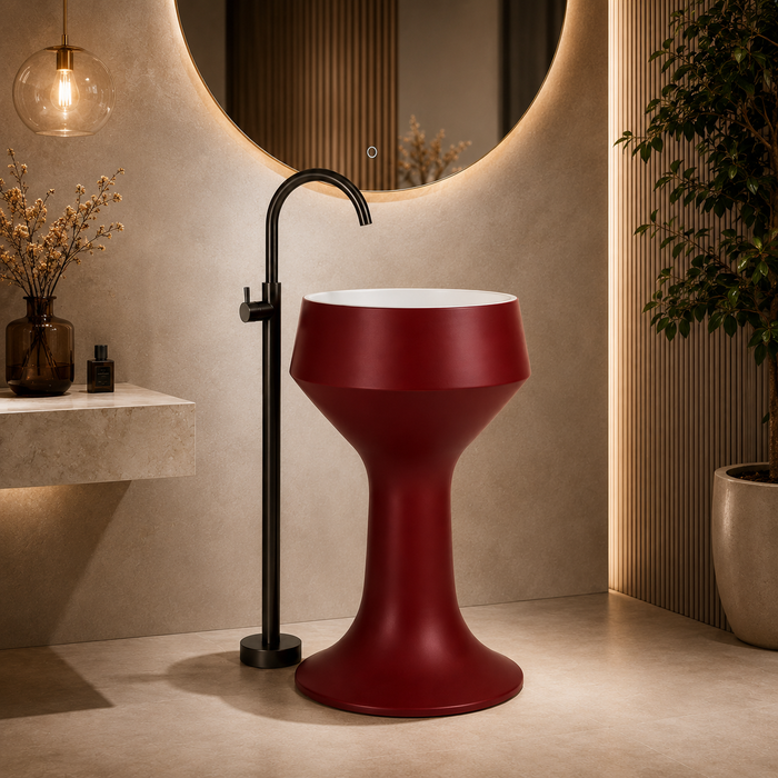 Luxury Pedestal Wash Basin | Designer Artificial Stone Freestanding Basin – Matte Finish 16″ × 16″ × 34″ In Red
